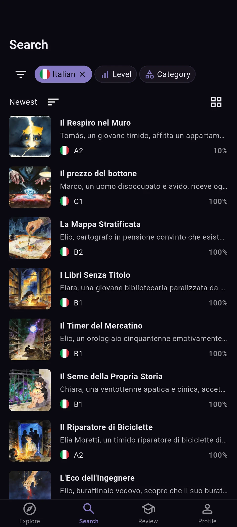 LingoLore story library showing levelled Italian, Spanish, French, and German stories